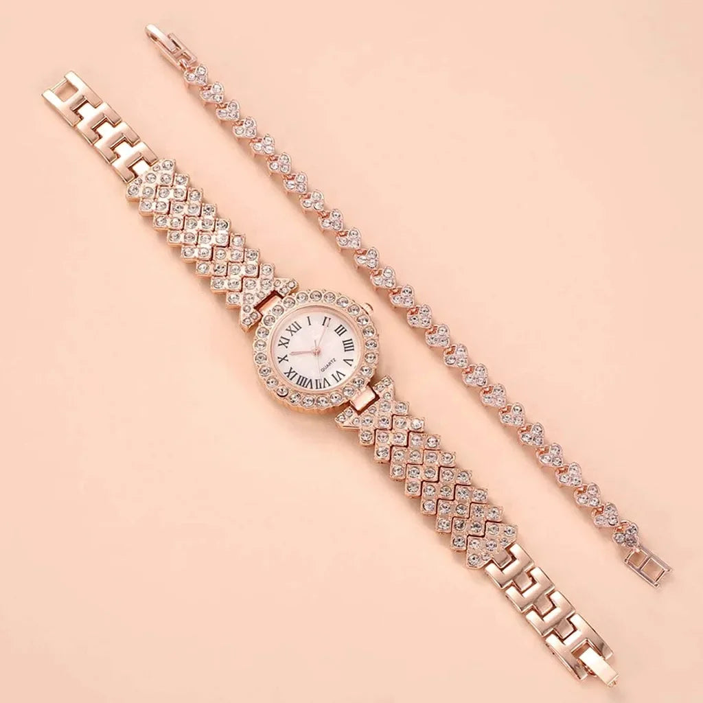 2-piece luxury rhinestone watch set for women, fashionable watch set for women Qme
