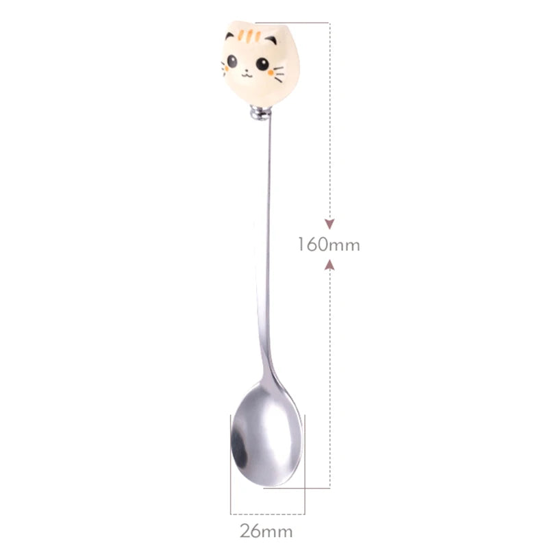 Dessert Spoons Flatware Kitchen Tools Ice Cream Cartoon Stirring Qme Cat Apricot