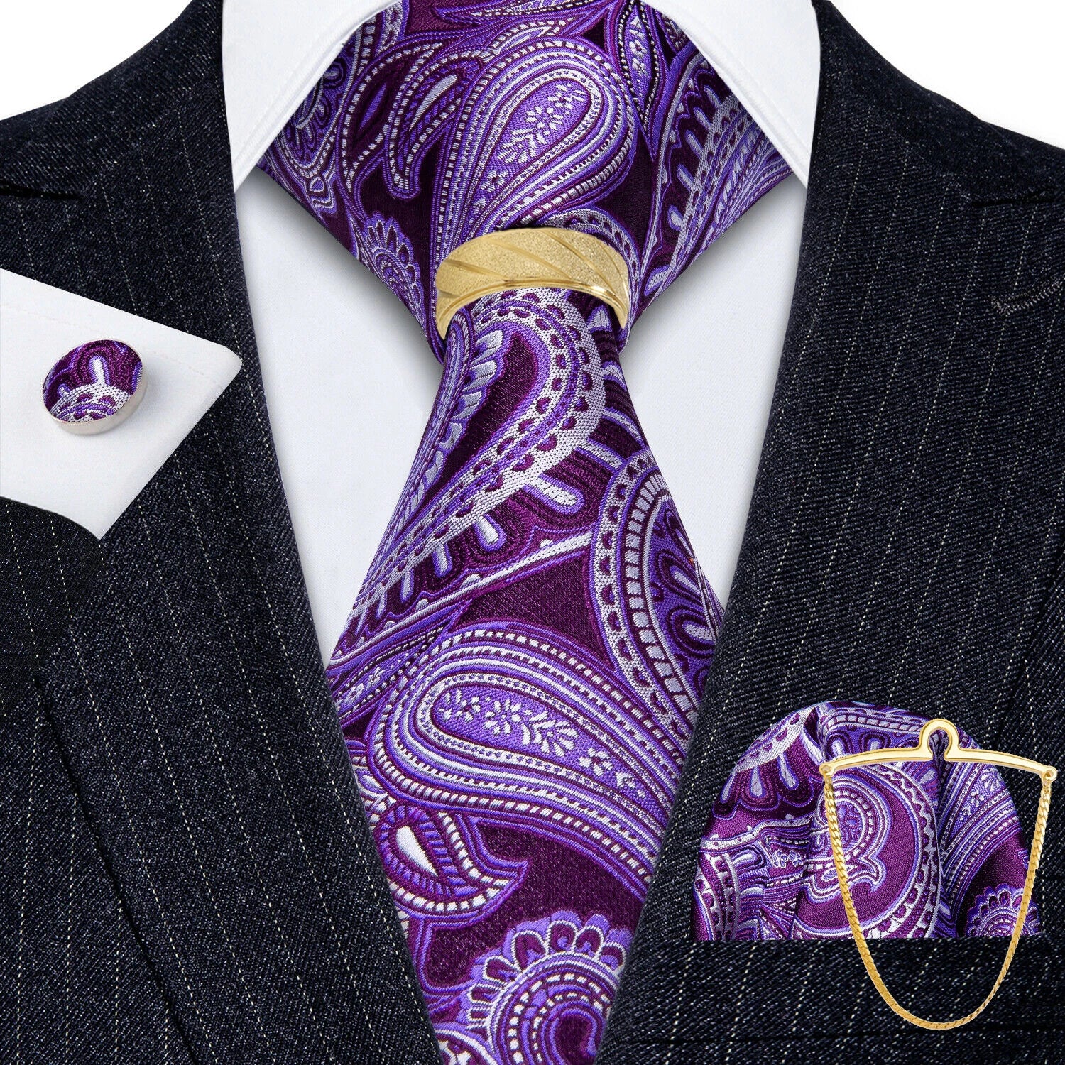 Hi-Tie 5PCS Mens Necktie With Hankie Cuffs Ring Chain-Gift Tie Set Fit Wedding Prom Office Fashion Design Quality Dropshipping Qme N-1493-DPTJ01-LZ01