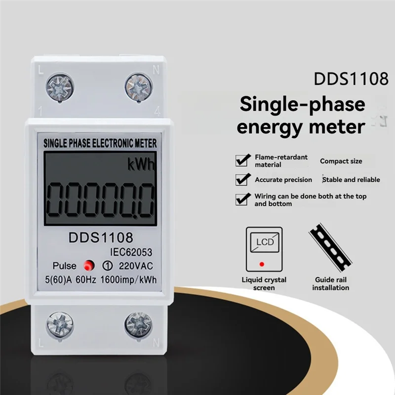 A02F-DDS1108 Digital Electric Energy Meter Single Phase AC220V 60Hz Kwh Meter LCD Display Multifunctional Wattmeter Qme As Shown