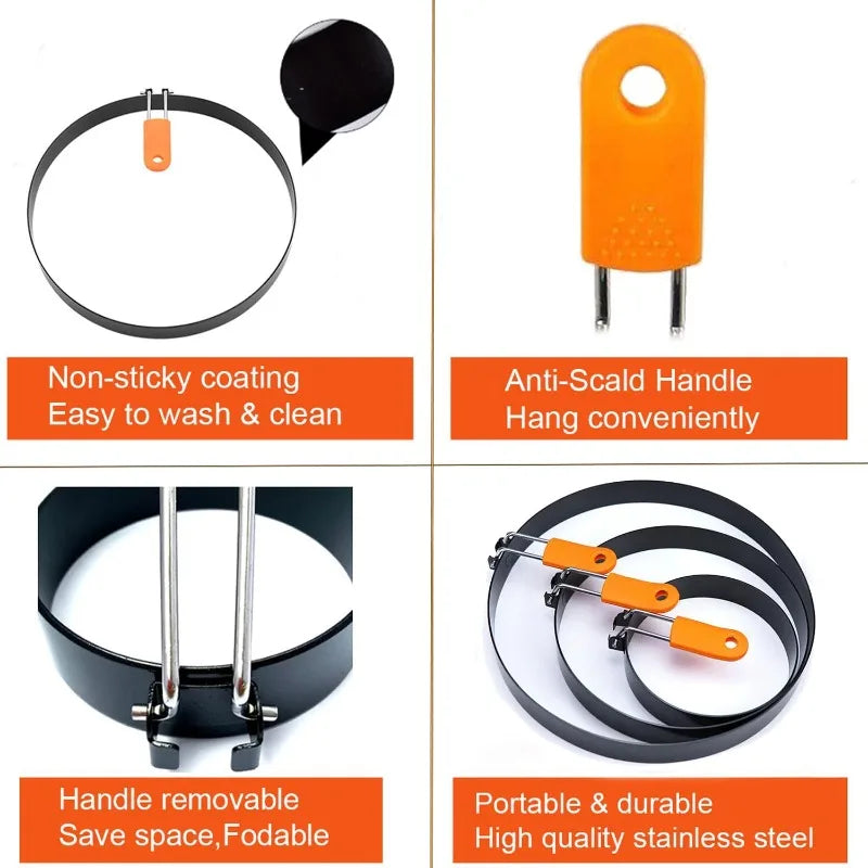 Stainless Steel Omelette Mold Professional Egg Ring Pancake Ring with Silicone Handle Oil Brush for Fried Eggs Omelets Muffins Qme