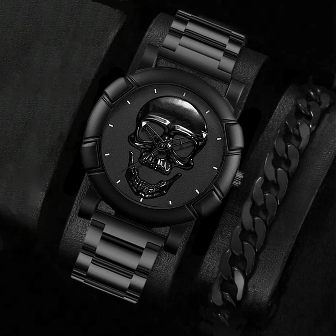 Halloween Skull Men's Quartz Watch Men's Steel Belt Set Qme black
