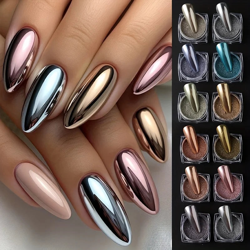 6 Retro Magic Mirror Nail Glitter Powders Chrome Pigments Y2K Rubbing Qme