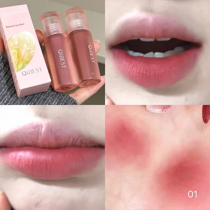 Qibest 6 Colors Velvet Matte Liquid Lipstick Long-Lasting Waterproof Lip Mud Sexy Red Lipgloss Beauty Women Cosmetics Lip Tint Qme 01