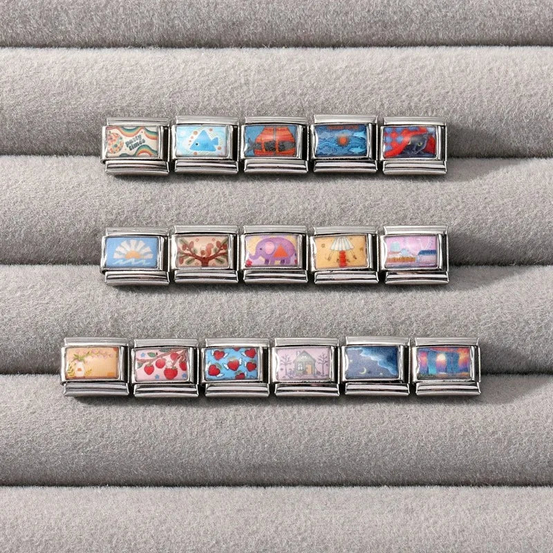 Fashion Pink Skyscraper City Scenery Fish Cat Vase House Italian Charm Link fit 9mm Stainless Steel Jewelry DIY Making Bracelets Qme