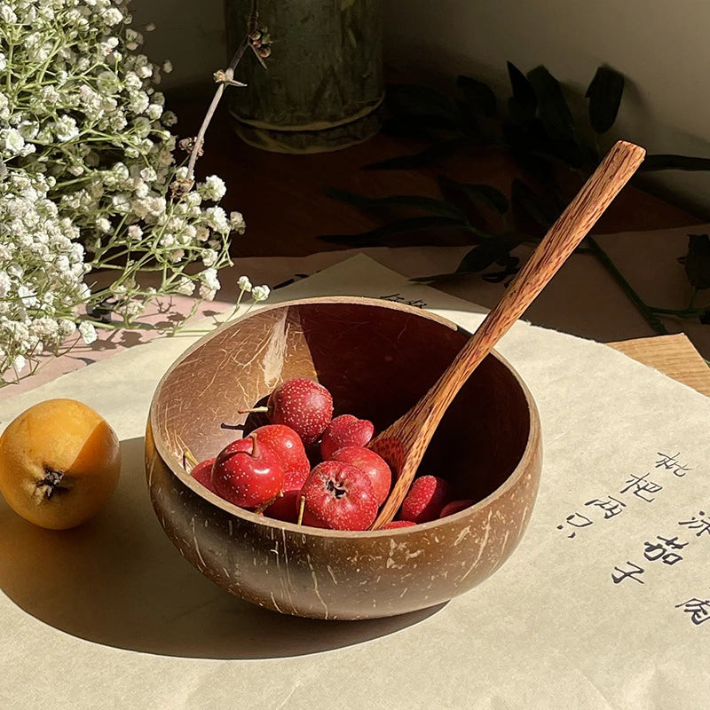 1Pc Natural Coconut Bowl Wooden Handmade Coconut Bowls for Eating Tableware Fork Spoon for Dessert Fruit Salad Mixing Rice. Qme