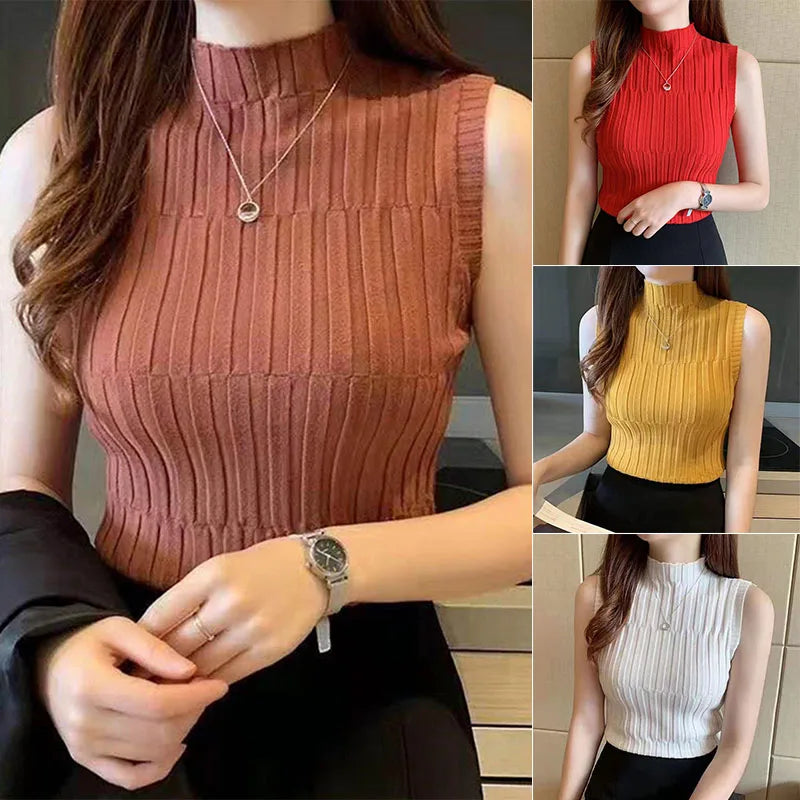 Women Ribbed Halter Tank Crop Tops Summer Spring 2023 Base T-shirt Harajuku Adults Sleeveless Solid Color Round Neck Knit Tops Qme