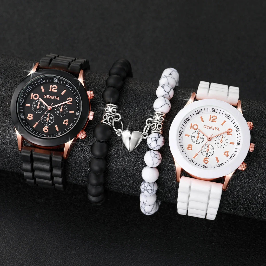4Pcs Couple Watch Bracelet Set Geneva Silicone Quartz Wristwatch Matching Heart Bead Bracelets Lover Jewelry Gift Qme