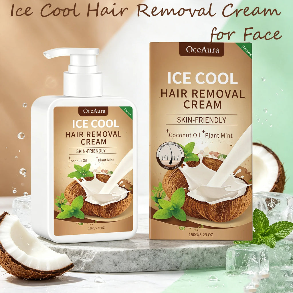 OceAura Ice Cool Hair Removal Cream for Face Coconut Mint Infused Gentle Smooth Residue Free Depilatory Cream for All Skin Types Qme