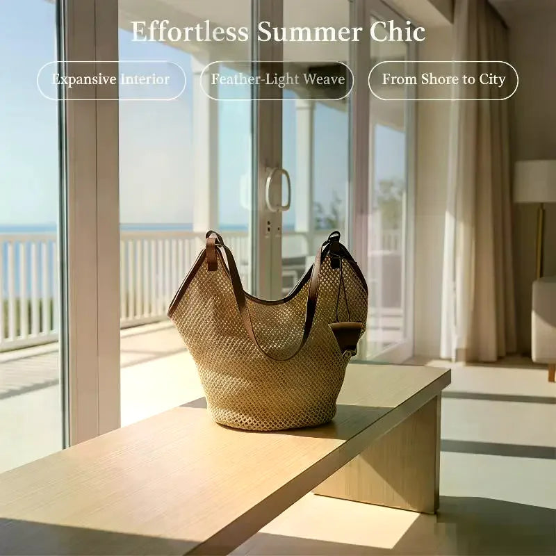 Hollow Out Straw Woven Bag Parent Shoulder Bag Tote Bagwith Sunglasses Clip Bohemian Beach Handbag Bucket Bag Qme