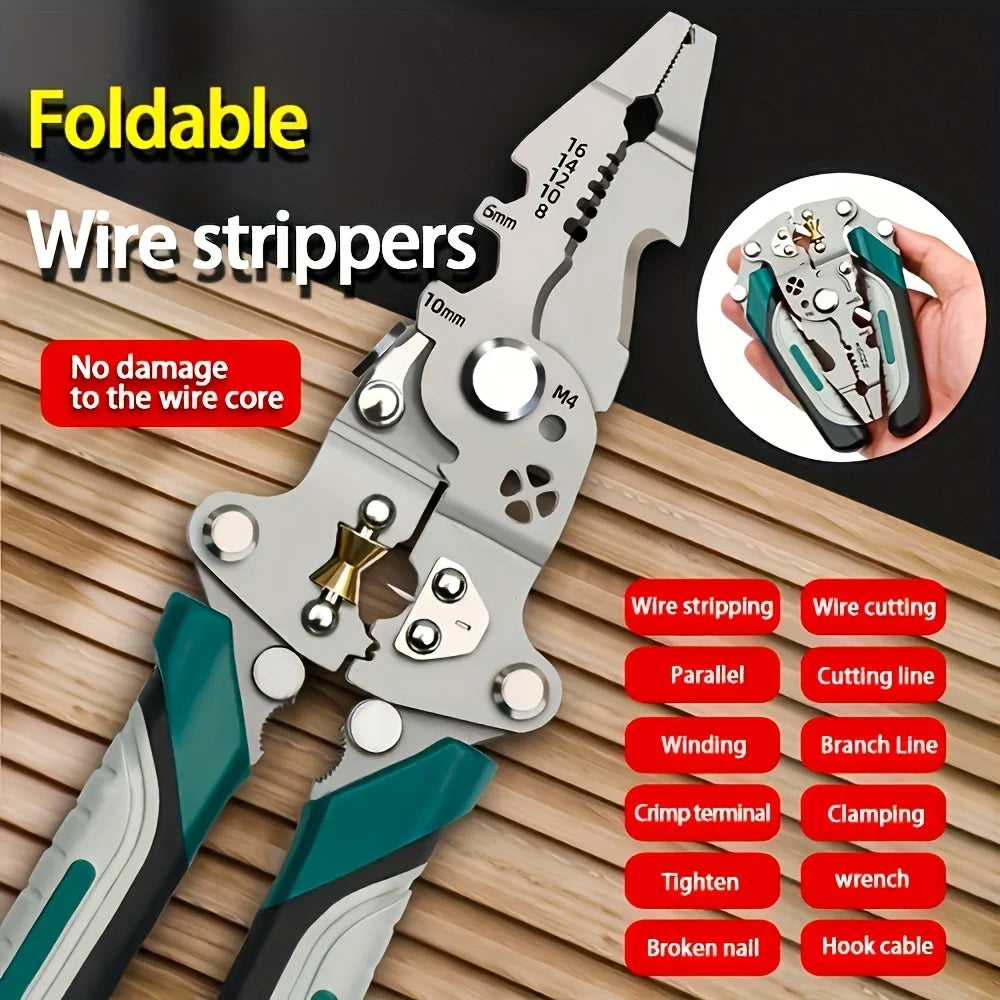 Collapsible Multi-Function Electrician's Industrial Grade Wire Stripper,Durable Precision Tool For Cutting,Crimping,Stripping Qme
