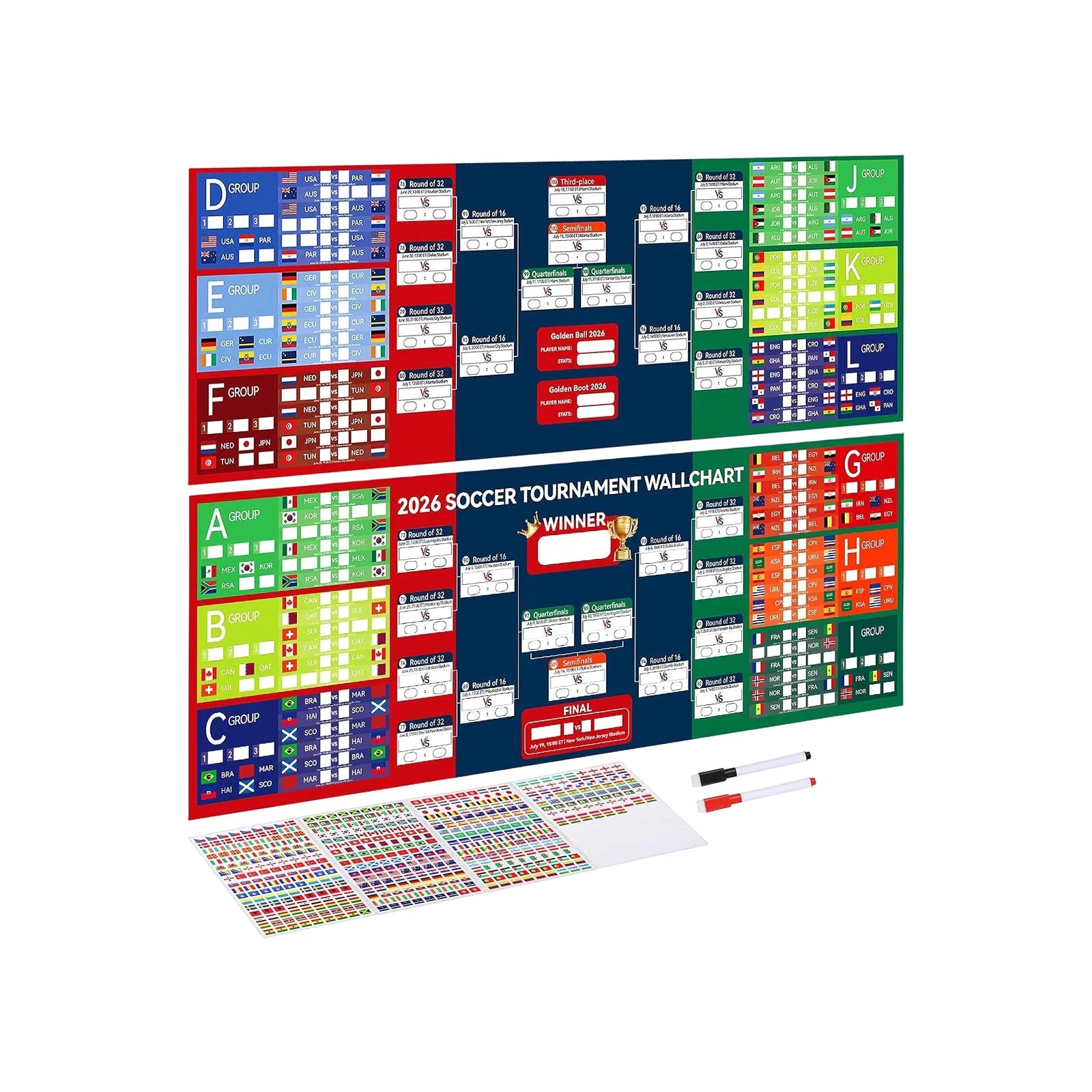 Soccer Event Wall Schedule Poster with Includes 2 Whiteboard Markers and 3 Flag Stickers Activity Background Decoration Props Qme