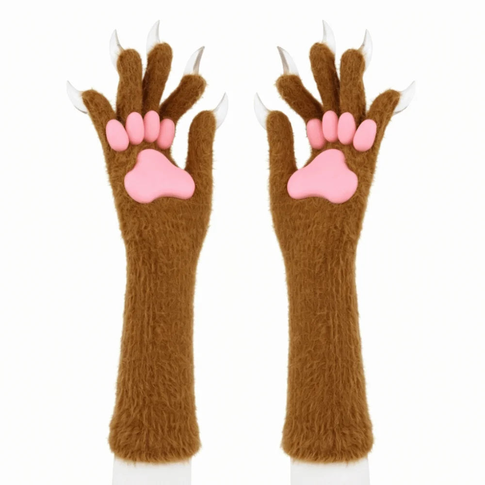 Long Cat Claw Gloves Furry Cute Animal Hand Silicone Paw Pads Cosplay Qme Brown
