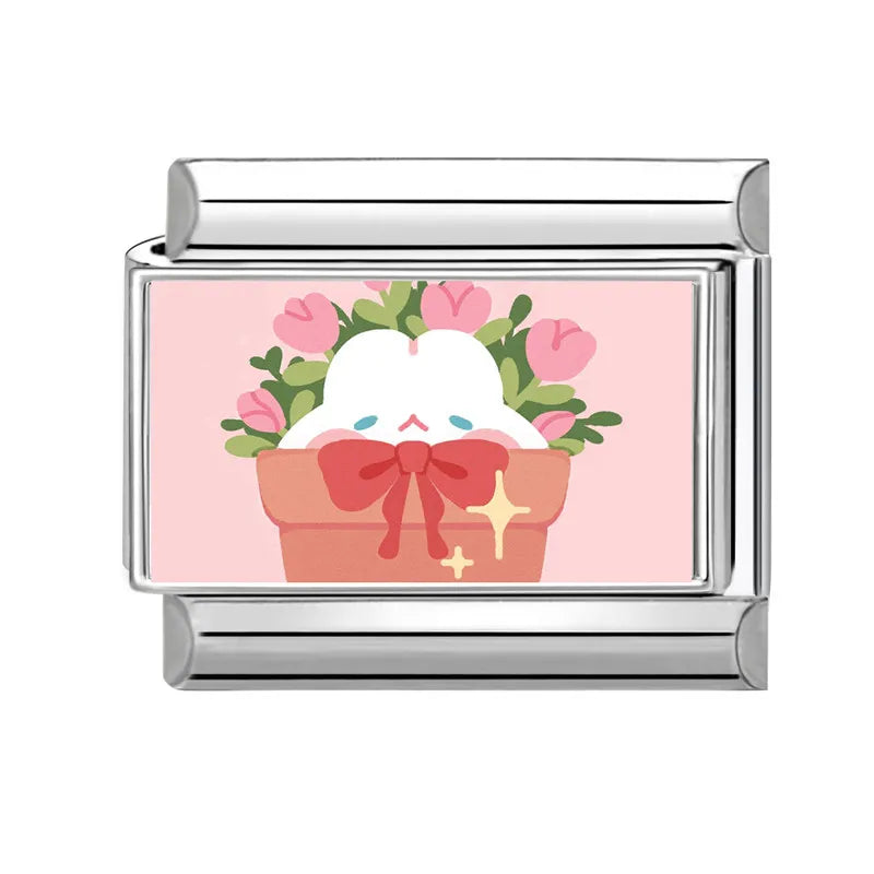 Y2K Pink Design Lovely Rabbits Tulip Flowers Strawberry Italian Charm