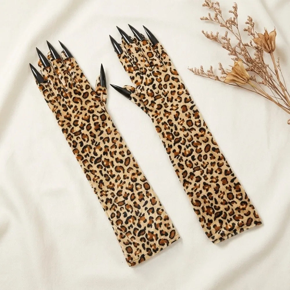 Fashion Long Sleeve Leopard Pattern Gloves Personality Stretch Qme