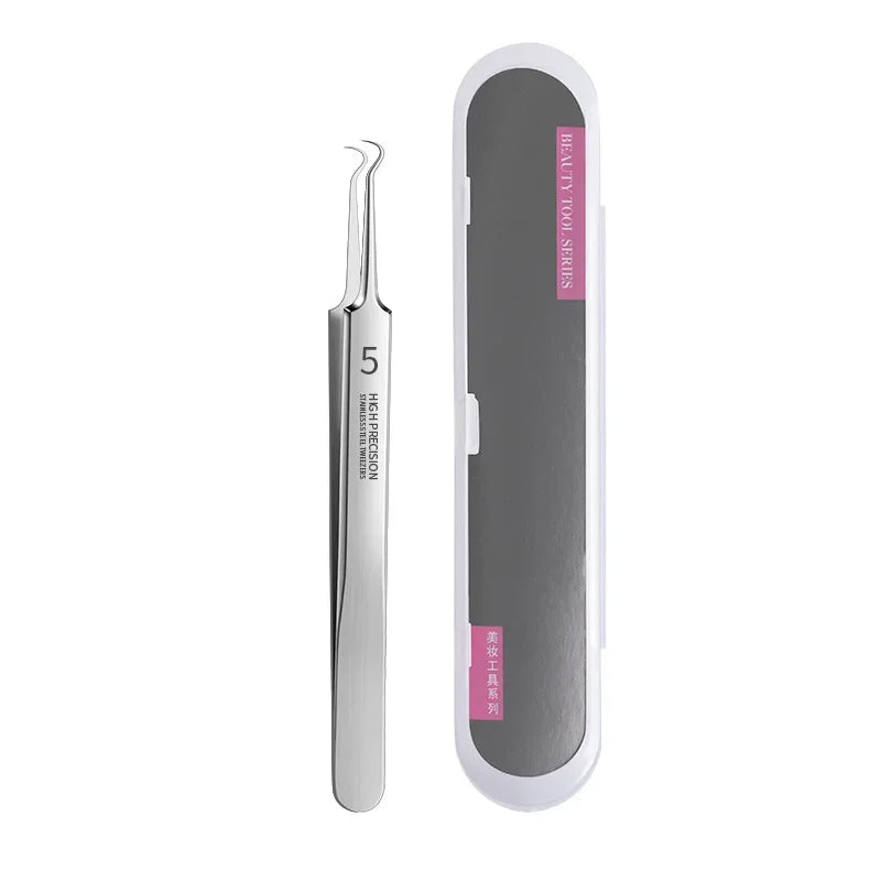Ultra-fine Acne Pimples Blackhead Clip Tweezers Beauty Face Skin Care Cleaning Blackhead Remover Kit Acne Needle Hook Tool Qme Curved with box