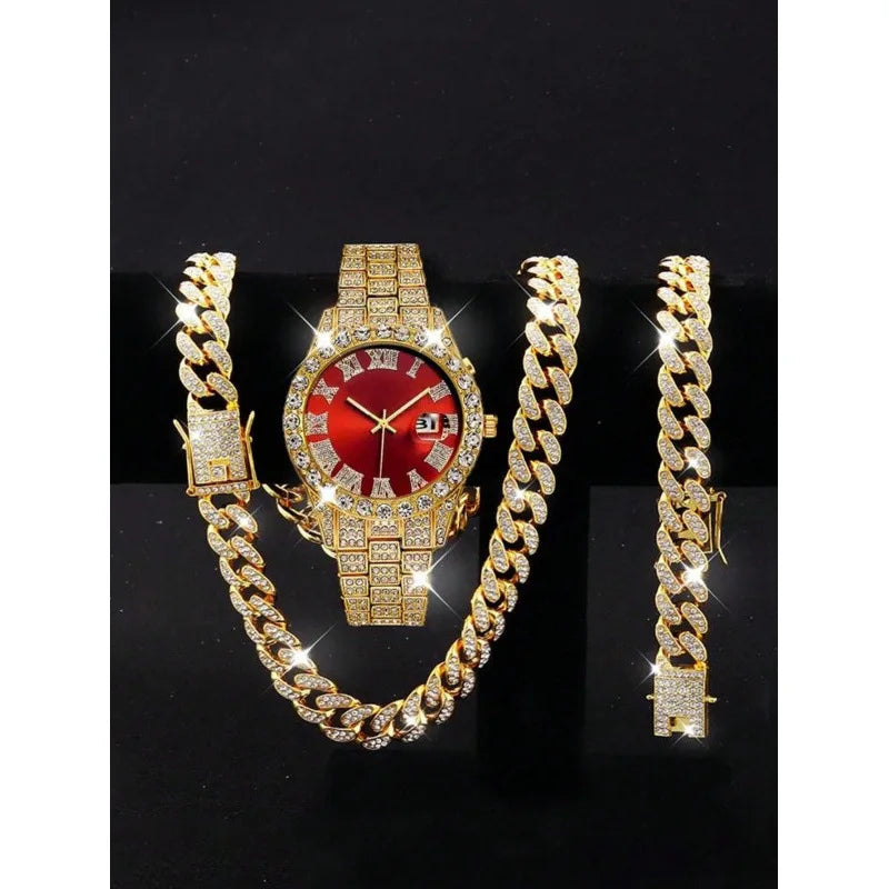 3-piece set hip-hop watch set with rhinestone bracelet and necklace, quartz Qme Pink