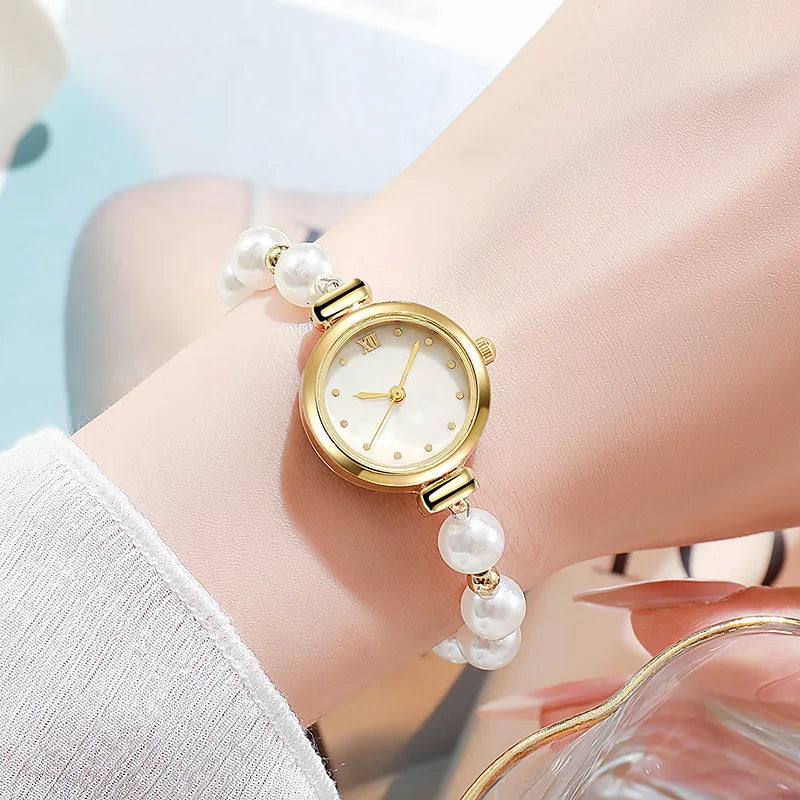 Women's Elegant Gold Jewelry Set, Pearl Band Quartz Watch with Mother-of-Pearl Dial and Heart Diamond Bangle Qme