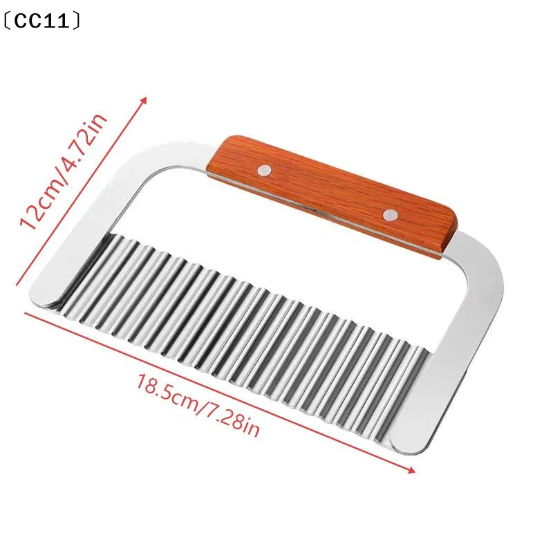 Stainless Steel Wavy Potato Cutter Wooden Handle Crinkle Vegetable Qme