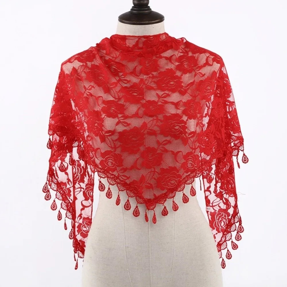 Sun Protection Lace Scarf Colorful Tassel Printed Wraps Hair Qme Red