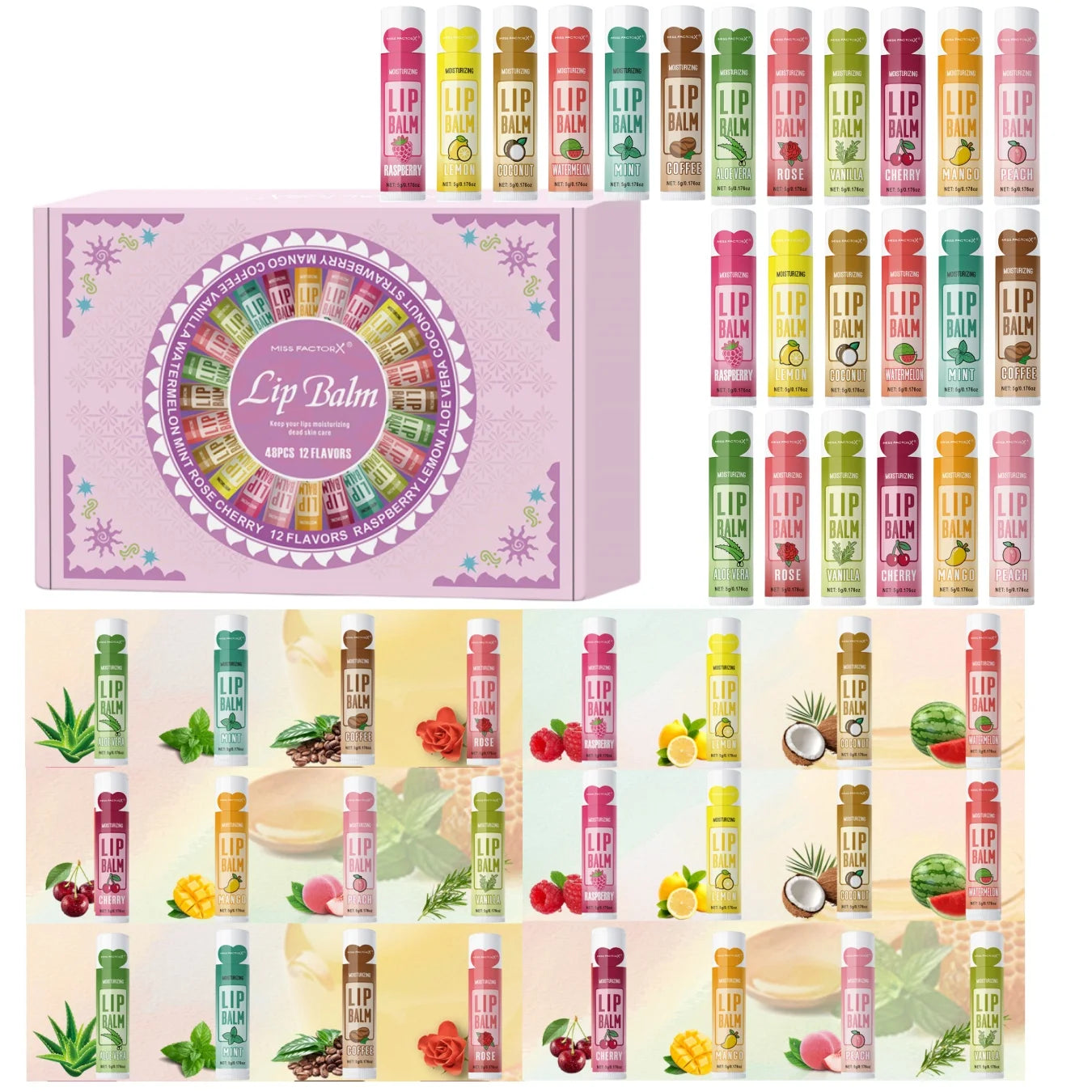 48PCS/ Box Moisturizing Lip Balm Set 5g12 Flower Fragrance Natural Fragrance Moisturizing and Brightening Lip Color Holiday Gift Qme 48PCS Lip Balm set