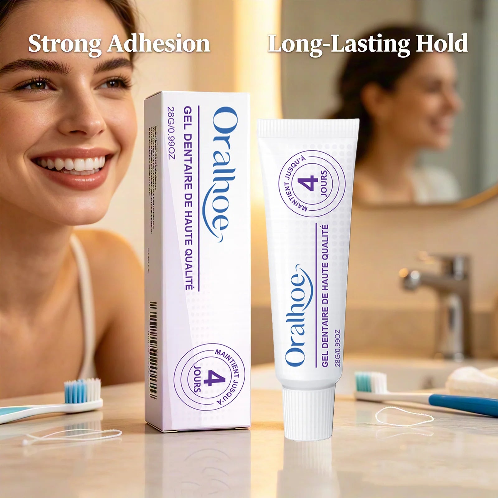 Oralhoe Denture Adhesive Long Lasting Fixation Denture Glue for False Teeth Denture Care Comfortable Portable Denture Fixing Gel Qme