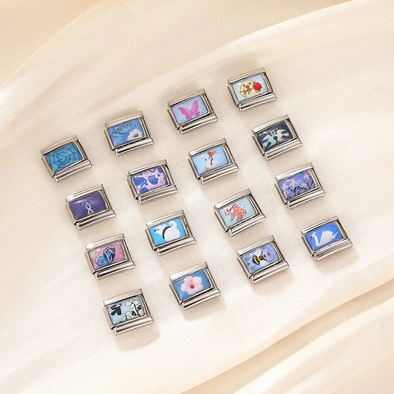 New Y2K Colorful Flowers Butterfly Bees Rose Dogs Swan Italian Charm Links Fit 9MM Stainless Steel Bracelet DIY Making Jewelry Qme