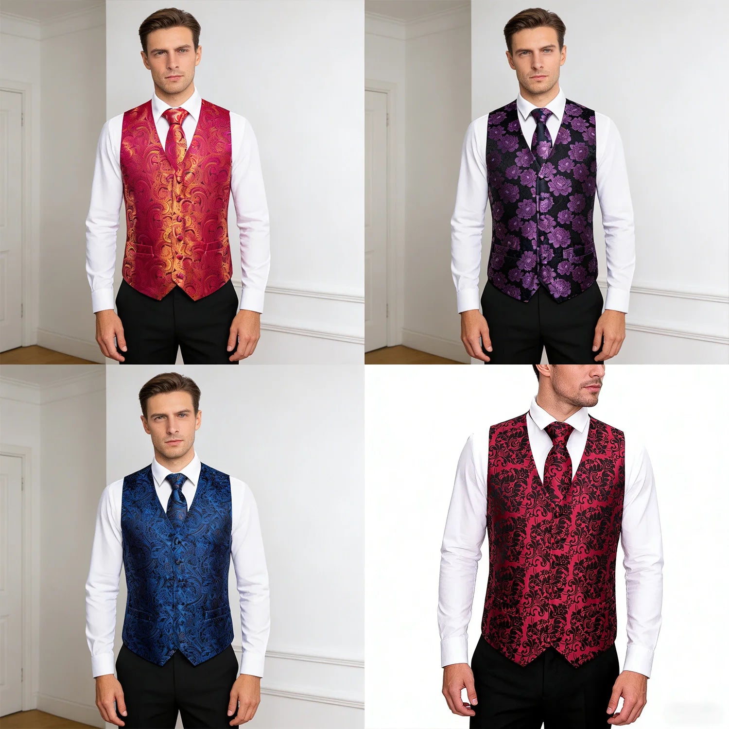Men's Formal Suit Vest & Tie Set – Paisley/Floral Premium Waistcoat and Necktie Combo for Weddings, Business Festive Occasions Qme