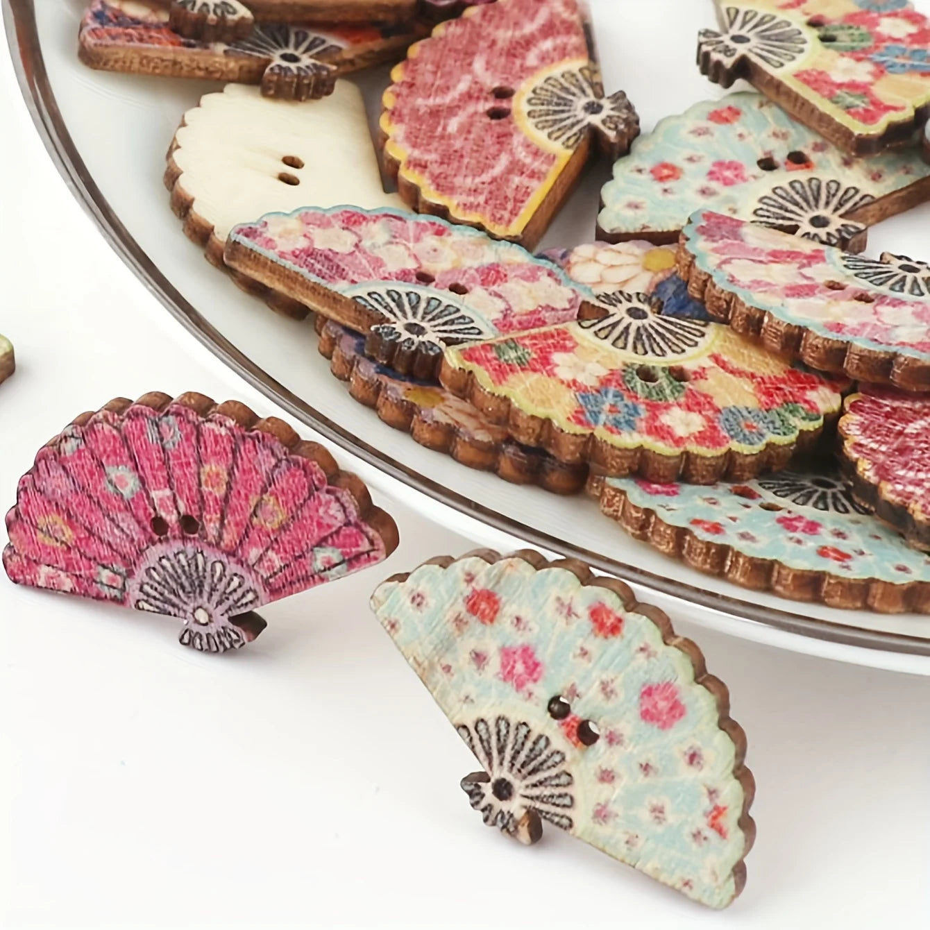 Vintage Fan-Shaped Wooden Buttons, Printed Wood Decorative Buttons For DIY Crafts Qme