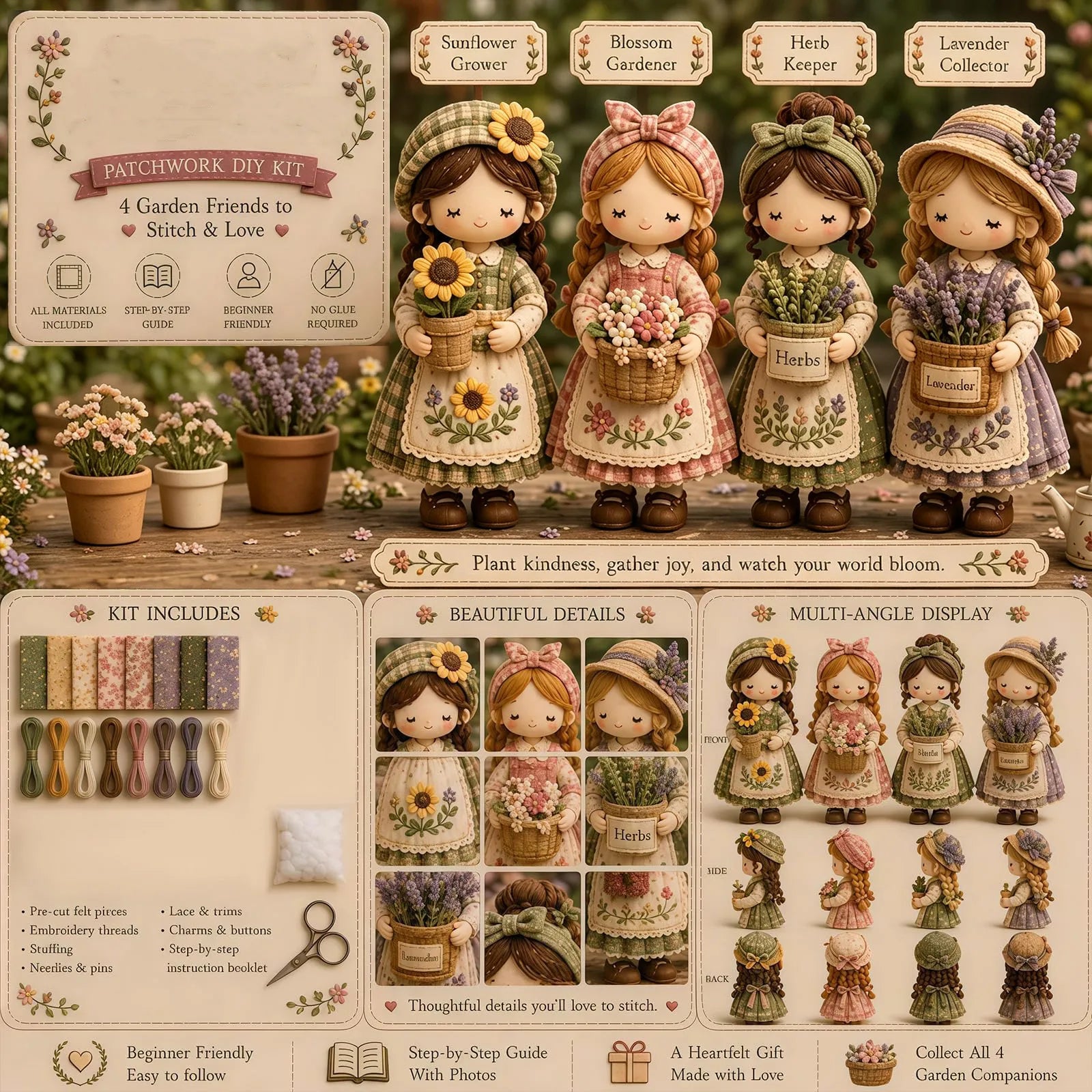 New Beautiful Girls Patchwork DIY Kit Handmade Felt Doll Sewing Craft for Beginner Includes All Materials Unique Gift Qme C One Size