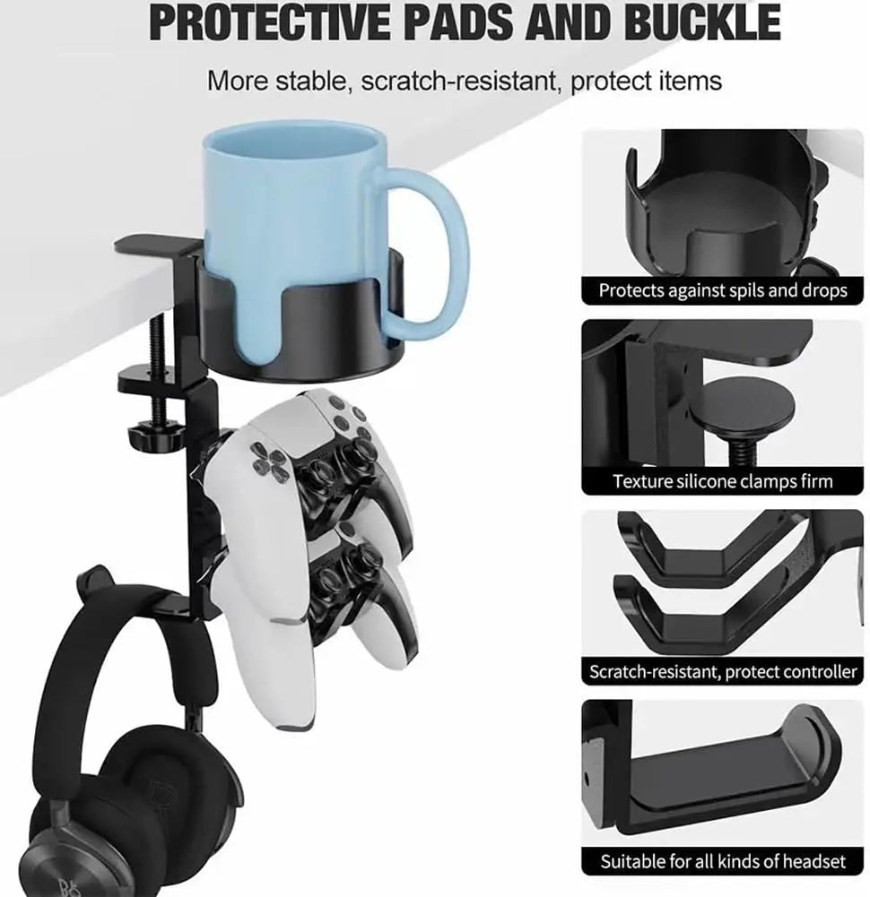 2 in 1 Headphone Stand with Desk Cup Holder,360 Degree Rotation Headset Hanger,Table Headphone Stand Qme