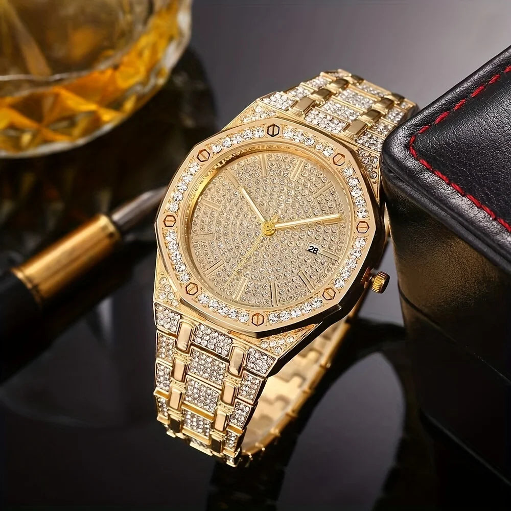 Fashion Luxury Hip Hop Diamond Style Square Men's Watch Shiny Crystal Stainless Steel Quartz Sports Men's Watch Qme 1