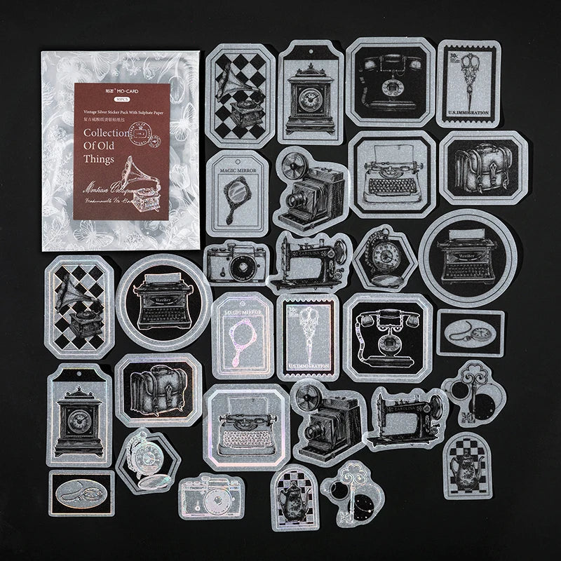 30pcs/pack Vintage Silvery Stickers for Junk Journal DIY Scrapbooking Collage Album Creative Stationery Craft Sticker Qme E