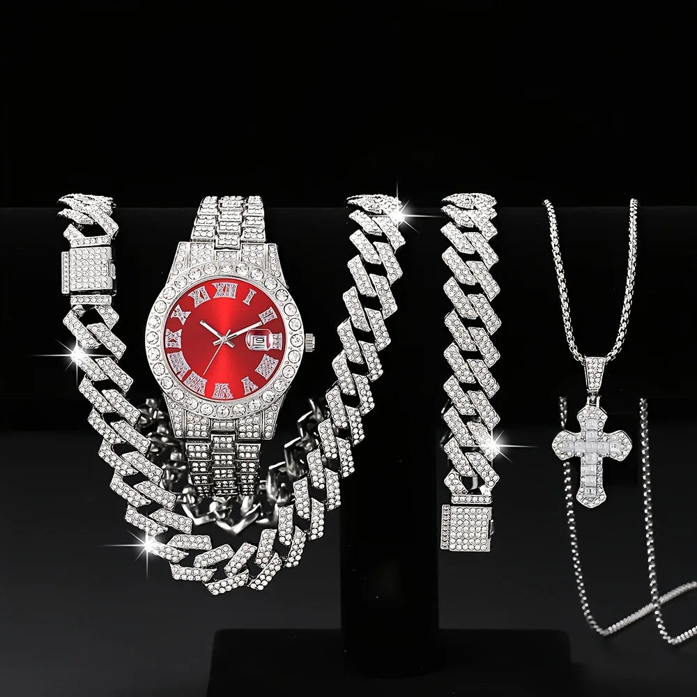 Men's Bling Jewelry Set: Silver Iced Out Watch + Cuban Link Chain + Bracelet + Blue Cross Pendant Necklace, 4Pcs Hip Hop Set Qme Pink