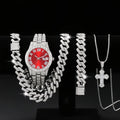Men's Bling Jewelry Set: Silver Iced Out Watch + Cuban Link Chain + Bracelet + Blue Cross Pendant Necklace, 4Pcs Hip Hop Set Qme Pink
