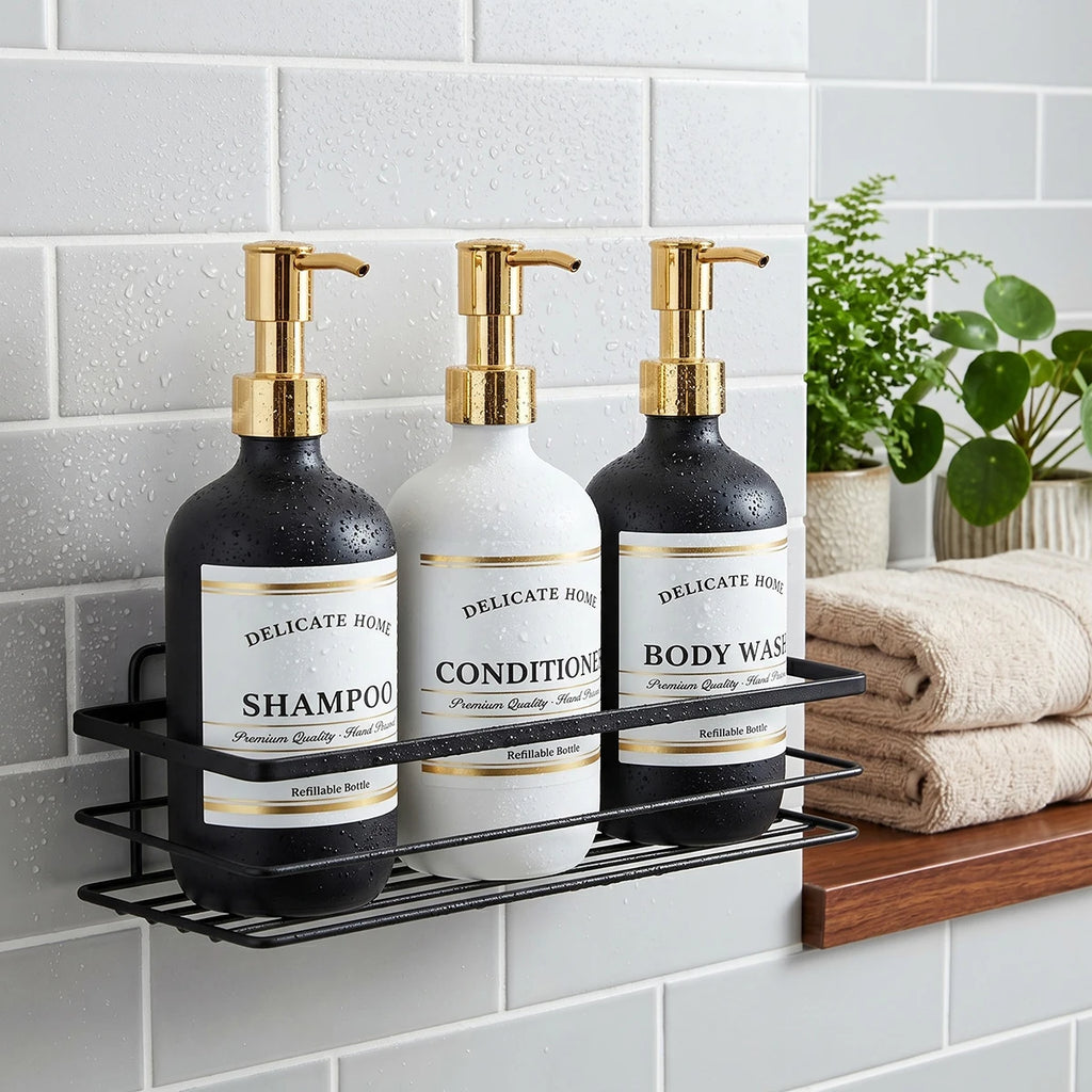 Delicate Home Refillable Shampoo Conditioner Body Wash Bottles Set of 3 Matte Black & White Plastic Pump Bottles Luxury Bathroom Qme