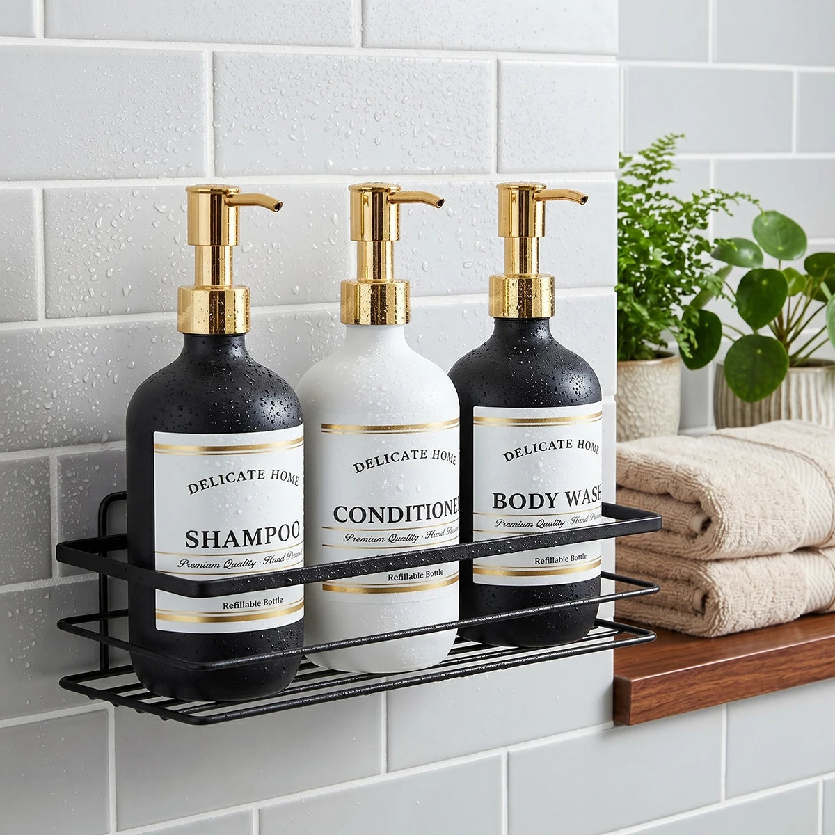 Delicate Home Refillable Shampoo Conditioner Body Wash Bottles Set of 3 Matte Black & White Plastic Pump Bottles Luxury Bathroom Qme