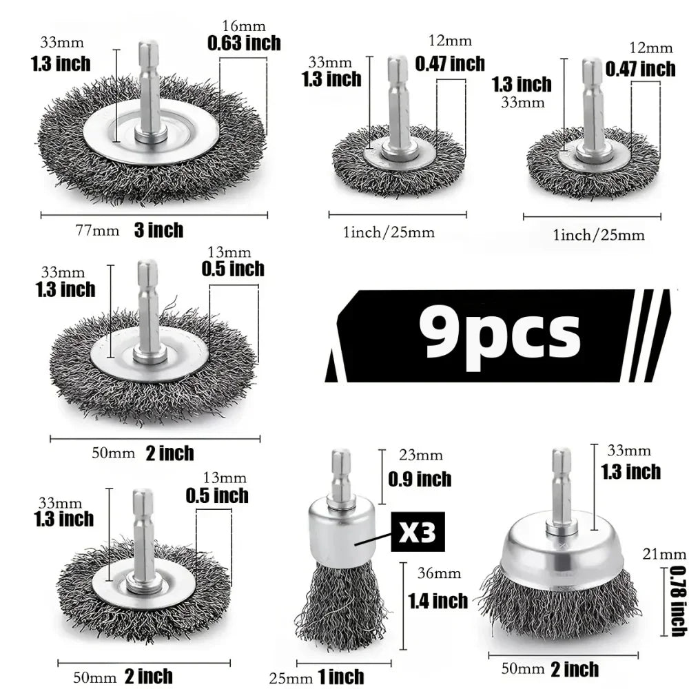 9pcs/3pcs Wire Brush Wheel Cup Brush Set Black Silk 6.35mm Hexagonal Rod Brush for Grinder Abrasive Tool Rust Removal Polishing Qme