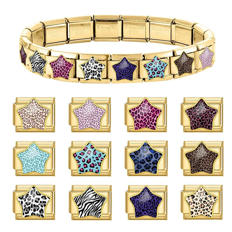 2026 Colorful Blue Rose Leopard Print Stars Zebra Golden Italian Link Fit 9mm Stainless Steel Charms Jewelry DIY Bracelets Gift Qme