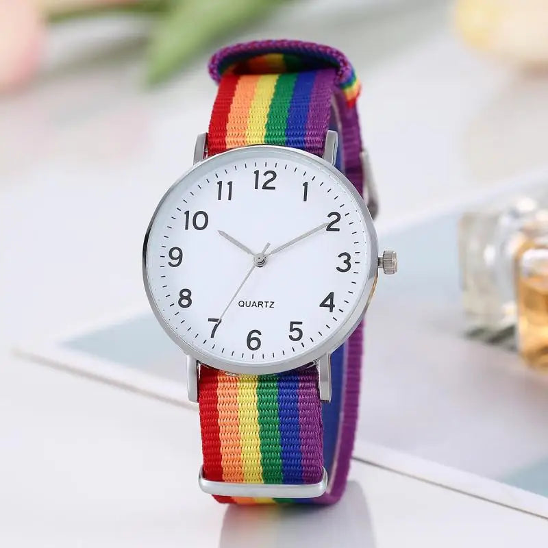 Fashion Gay Hot New Watch Rainbow Color Ultra-thin Canvas Strap 12 Digital Pointer Classic Simple Casual Student Men's Watches Qme Silver