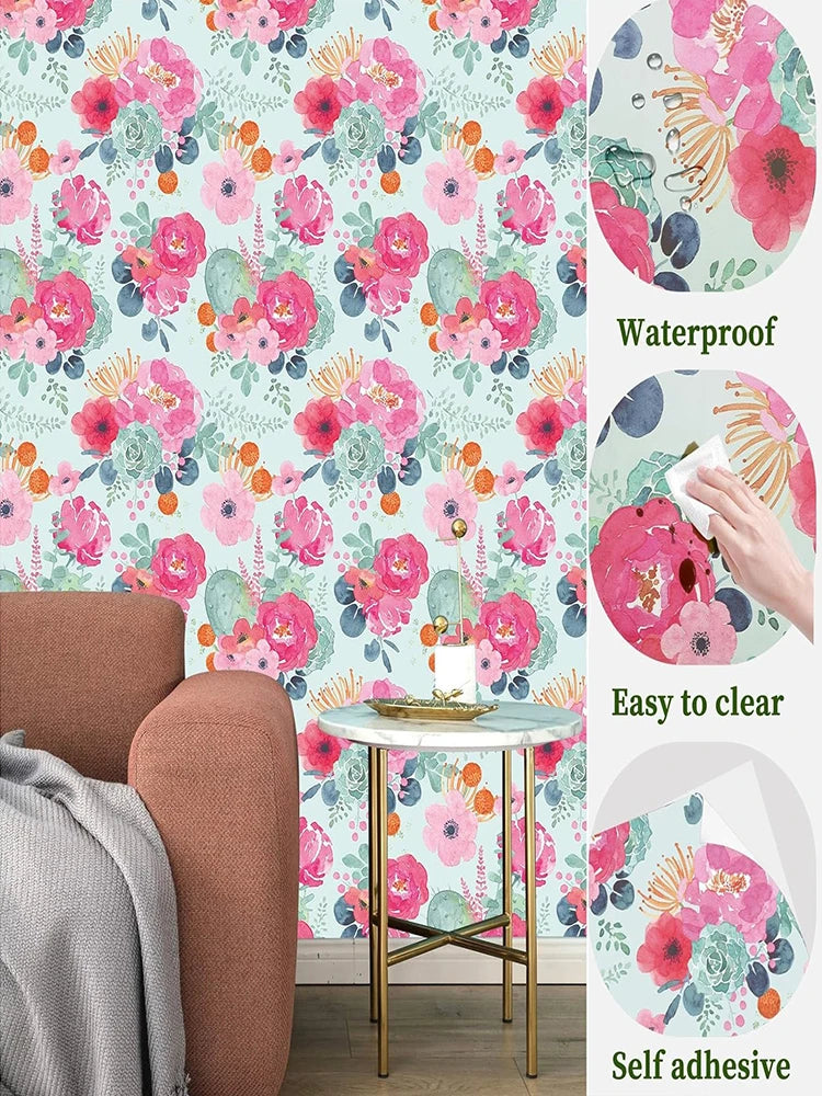 Floral Self Adhesive Wallpaper Waterproof Removable Wall Decal Qme Teal Blue 45cmx6M