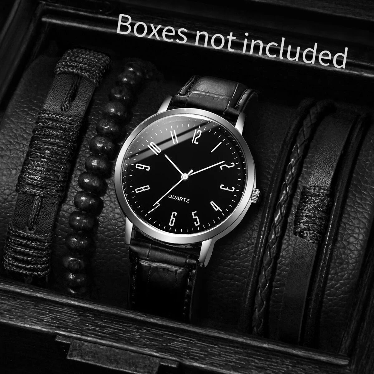 4/5PCS Fashion Men's Watches Bracelets Set Casual Arabic Dial Leather Strap Quartz Wristwatch Reloj Hombre（Without Box） Qme Black B Without Box