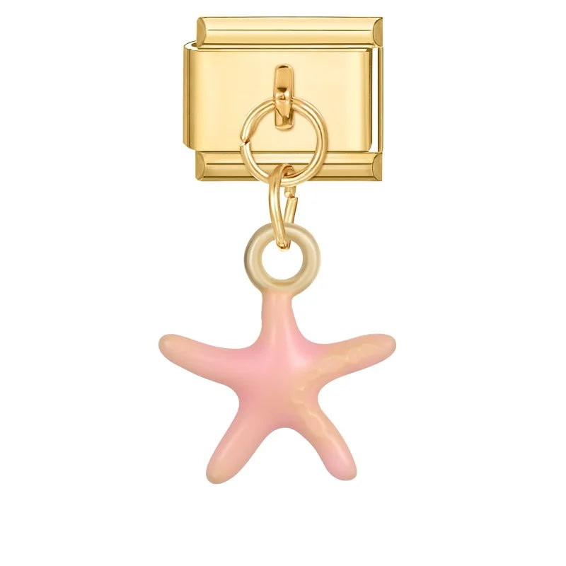New Lotus Root Slices Stars Apple Gold Color Pendant Italian Charm Links Fit 9mm Stainless Steel Bracelet Women DIY Making Gifts Qme Style 2