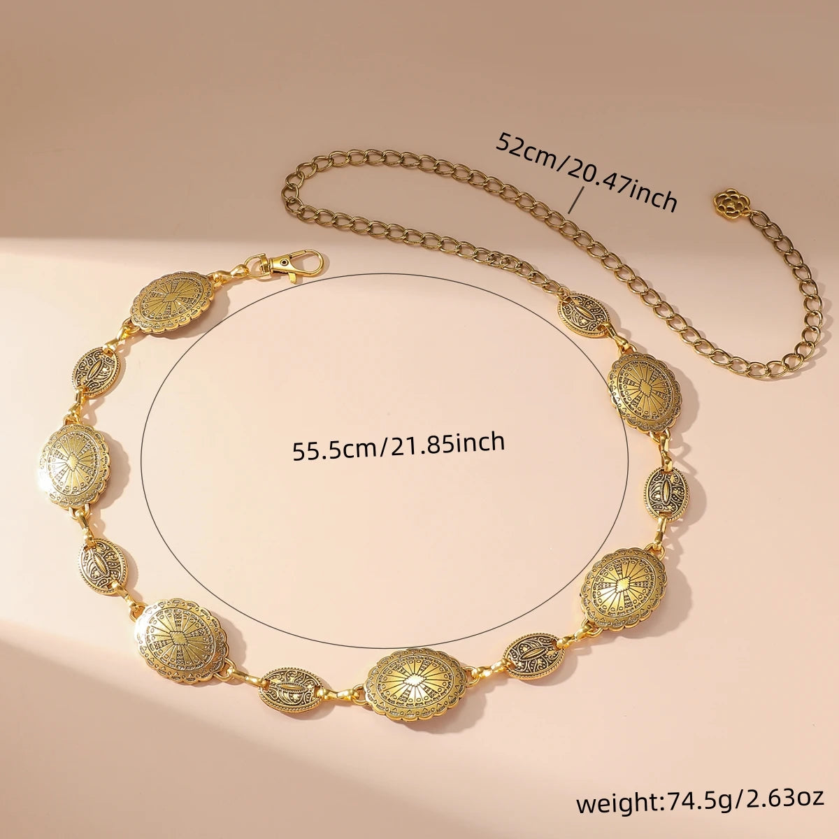 Vintage Oval Craved Metal Waist Chain for Women Retro Style Exquisite Gold Color Plated Belt Chains Fashion Body Jewelry Gifts Qme