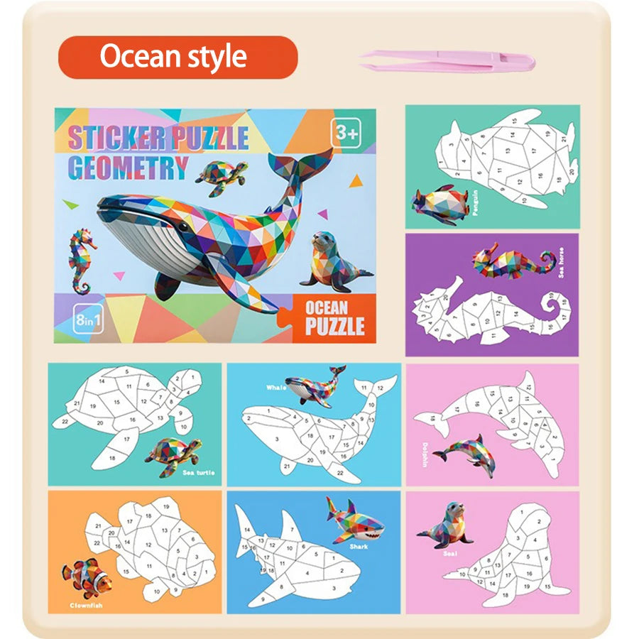 3D Puzzle Stickers DIY Craft Kits Animal Collage 5 Themes Back-to-School Gift Creative Educational 9-PCS Kit with Clips Qme Ocean style