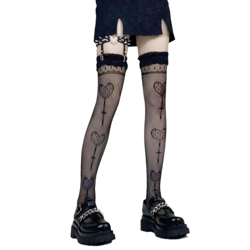 Women Goth Lolita Fishnet Socks Japan Kawaii Cute Knee Sexy Mesh Qme black One Size