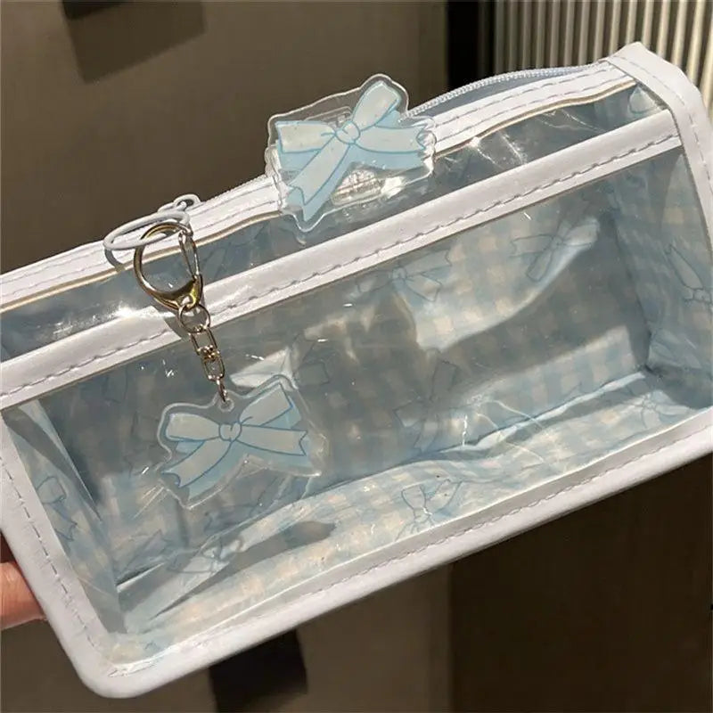 Sweet Bow Zipper Transparent Pencil Case Box Large Capacity Makeup Qme
