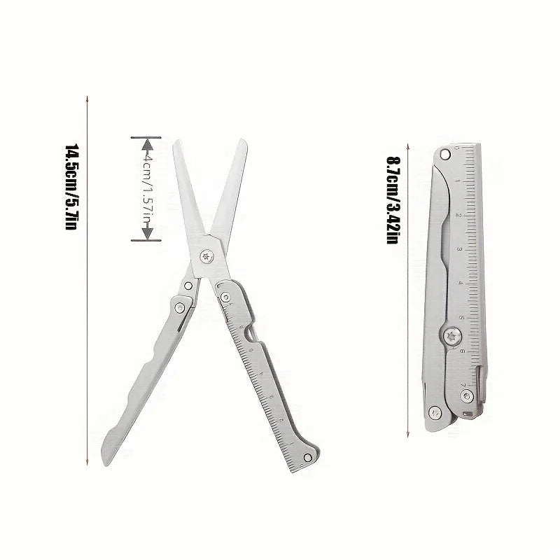 Compact 2-in-1 Foldable Scissor Tape Measuring Ruler-Stainless Steel, Lightweight, Portable, Suitable for EDC Camping, Survival Qme