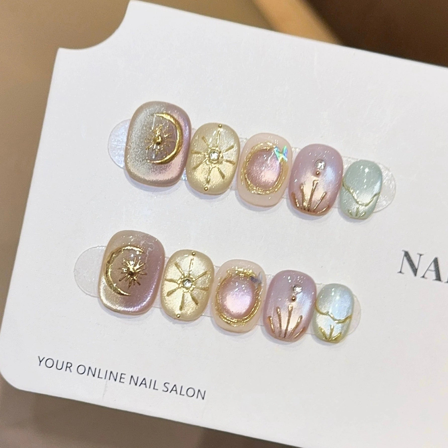 High-end Handmade Diamonds Chic Pink Flower Press Nails Sweet Cat Eye Qme GJ-CDJ-ZB205-S
