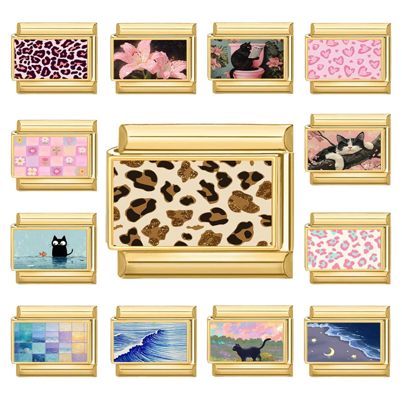 Wholesale Gold leaf Leopard Print Fish Cat Grassland Sea Charm Italian Links 9mm Stainless Steel Bracelet Women DIY Jewelry Gift Qme